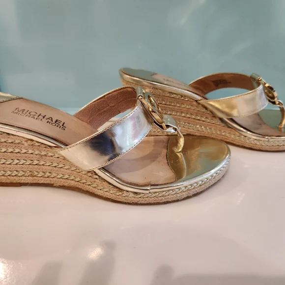 Michael Kors Gold Espadrilles. Gold Wedge heel slip on dress sandals. - Picture 3 of 11